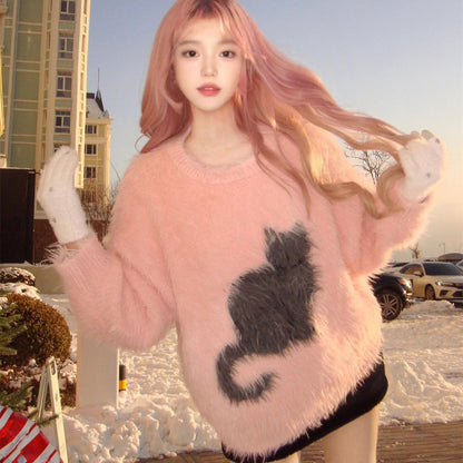 Women's Cat Jacquard Mink-like Sweet Sweater