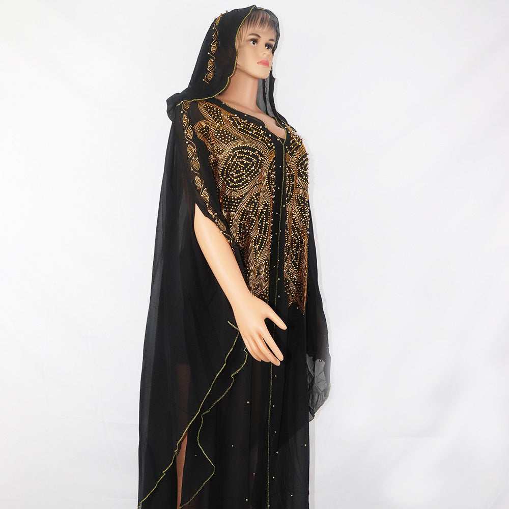 Robe élégante à la mode pour femmes, col en v, en mousseline de soie, strass, pistolet, perles, manches chauve-souris