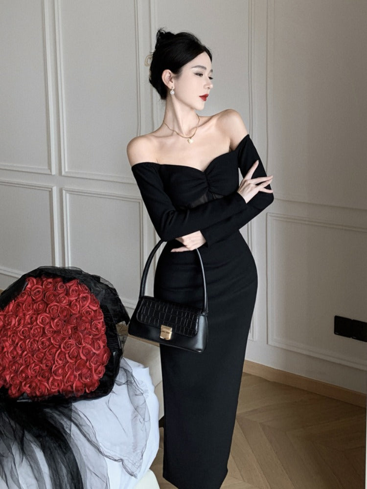 French Style Temperament Socialite Slim Fit Sheath Off-shoulder Dress