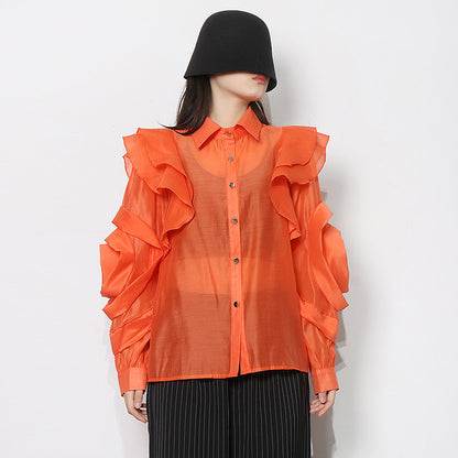 Chemise en organza de couleur unie avec coutures à volants et revers