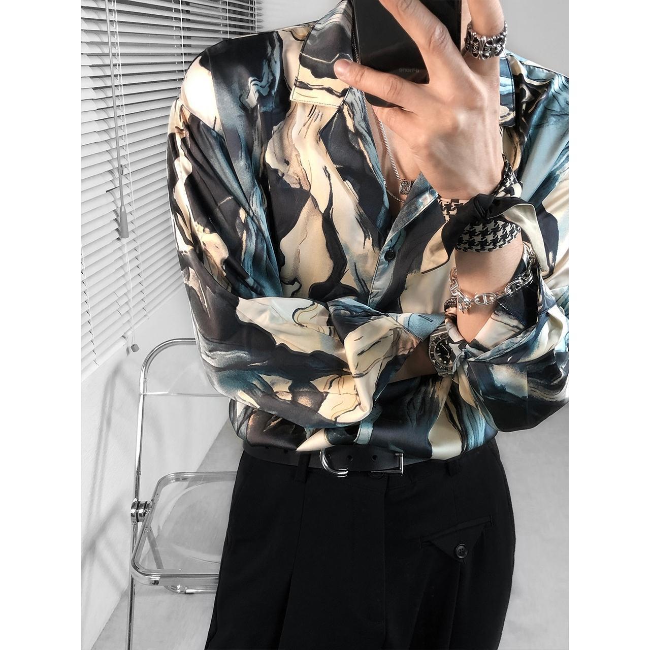 Handsome Long Sleeve Trendy Man Retro Hong Kong Flavor Loose Printed Floral