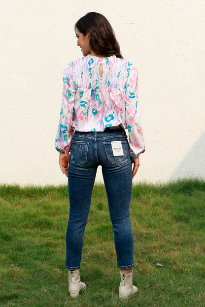 Blusa con cuello redondo y manga globo fruncida floral