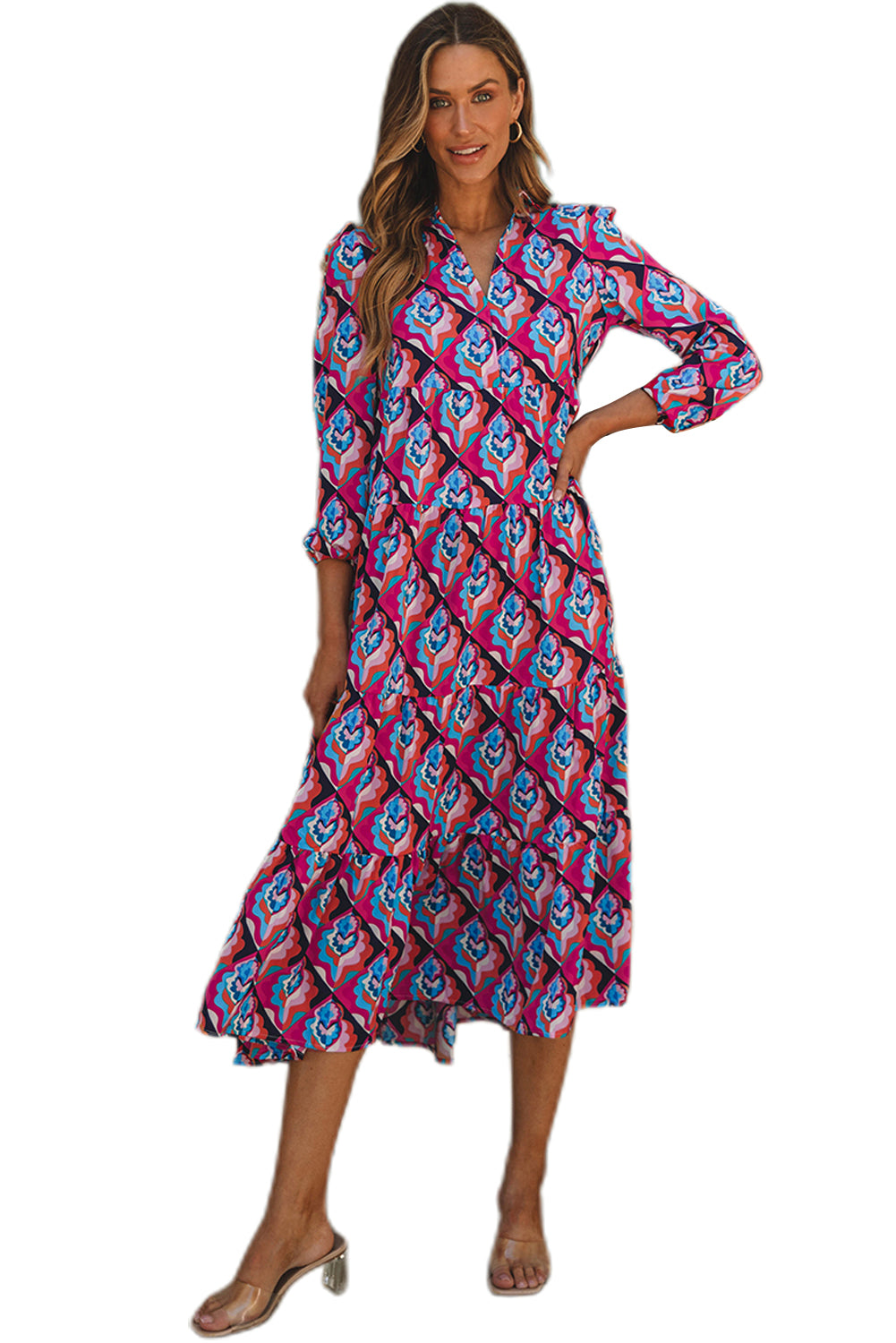 Abstract Geometric Print Long Sleeve High Waist Dress