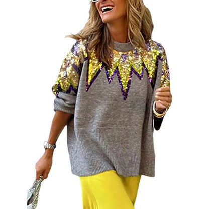 Loose Round Neck Long Sleeve Fashion Colorblock Sequined Pullover Sweater