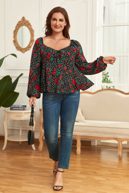 Melo Apparel Blusa floral con mangas globo de talla grande