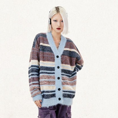 Early Autumn Couple Dopamine Striped Cardigan Campus Retro Soft Glutinous Mohair Knitwear