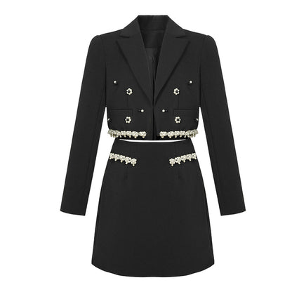 Women's Pearl Short Small Suit Coat Sheath Skirt Two-piece Set