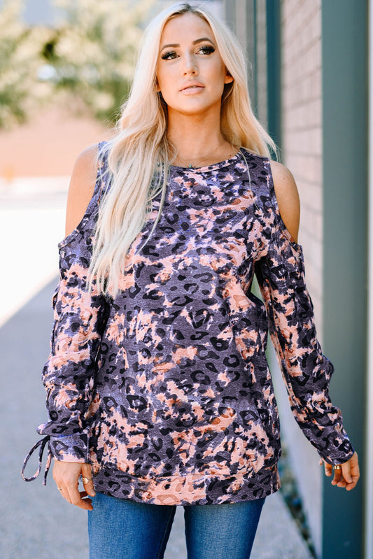 Printed Cold-Shoulder Lace-Up Top