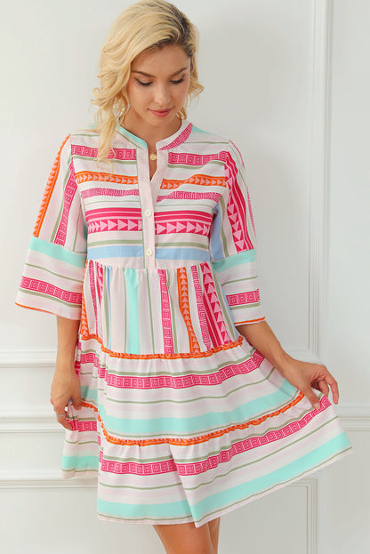 Multicolour Boho Geometric Print Bracelet Sleeve Buttoned Mini Dress