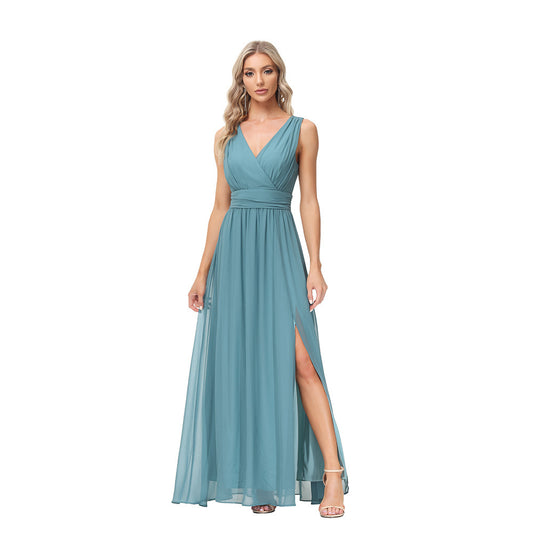 Women's Chiffon Long Dress Double V-neck Sleeveless Evening Dress