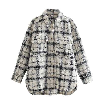 Plaid lapel jacket loose casual mid-length