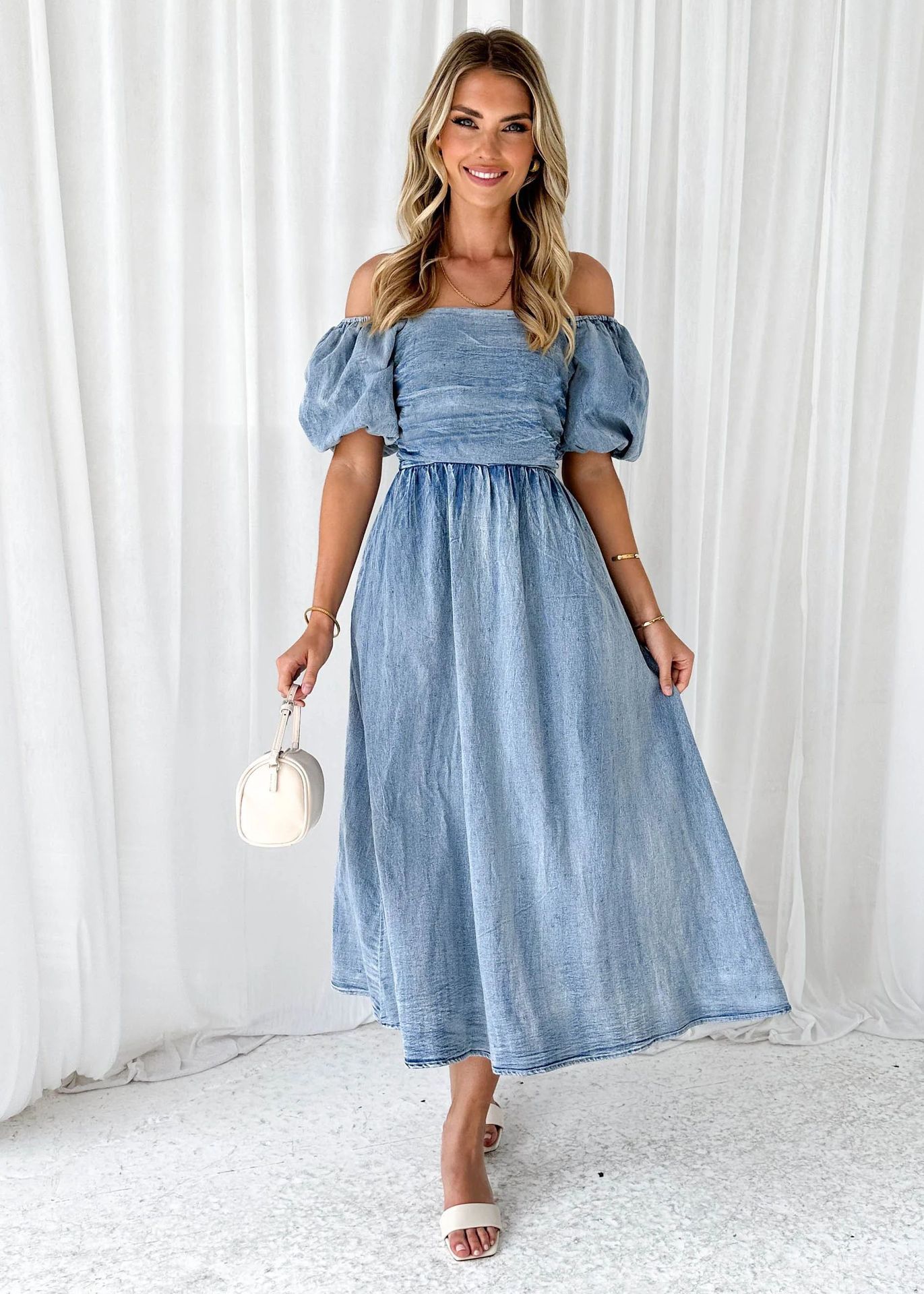 Puff Sleeve Waist-tight Denim Long Dress