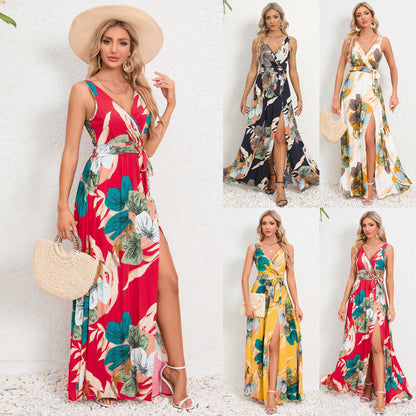 Double V-neck Sleeveless Slit Printed Long Sling Dress