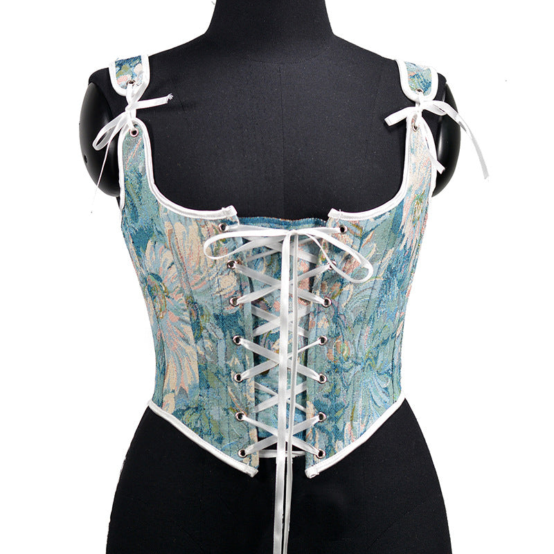 Embroidered Front Tie Straps Herringbone Corset Girdle