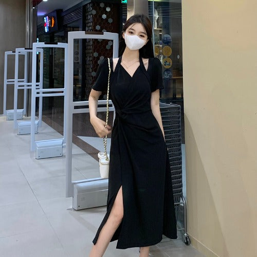 Women's French Style V-neck Slit Dress