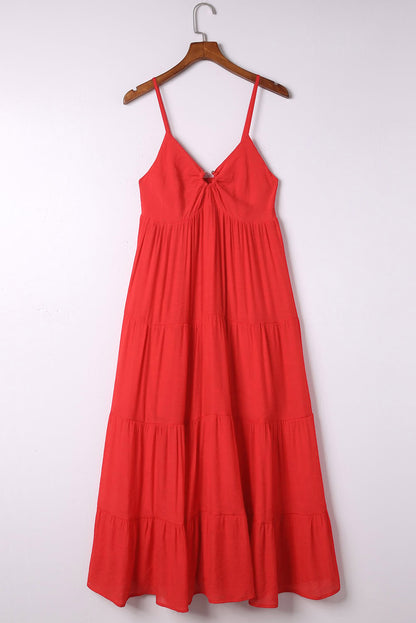 Red O-ring Smocked Back Spaghetti Straps Tiered Maxi Dress