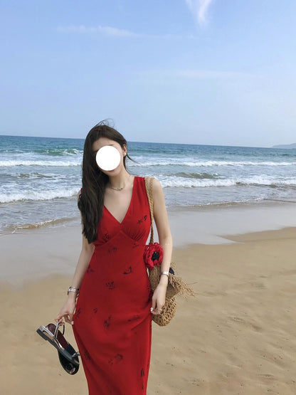 Vestido rojo con escote en V y cintura de verano para mujer