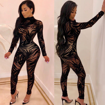 Women's Mesh Hollow Sheer Long Sleeve Tight Jumpsuit