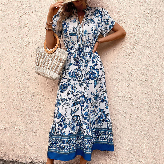 Vestido estampado azul europeo y americano para mujer que adelgaza