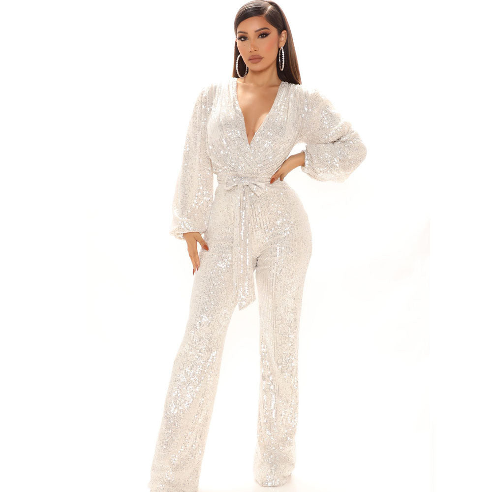 Women's Sequined Deep V-neck Long-sleeved Jumpsuit Trousers