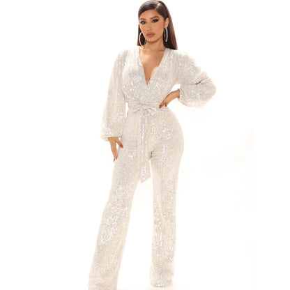 Women's Sequined Deep V-neck Long-sleeved Jumpsuit Trousers