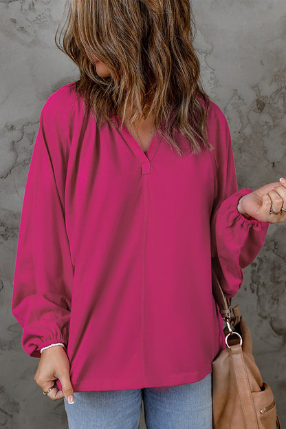 Notched Neck Balloon Sleeve Blouse