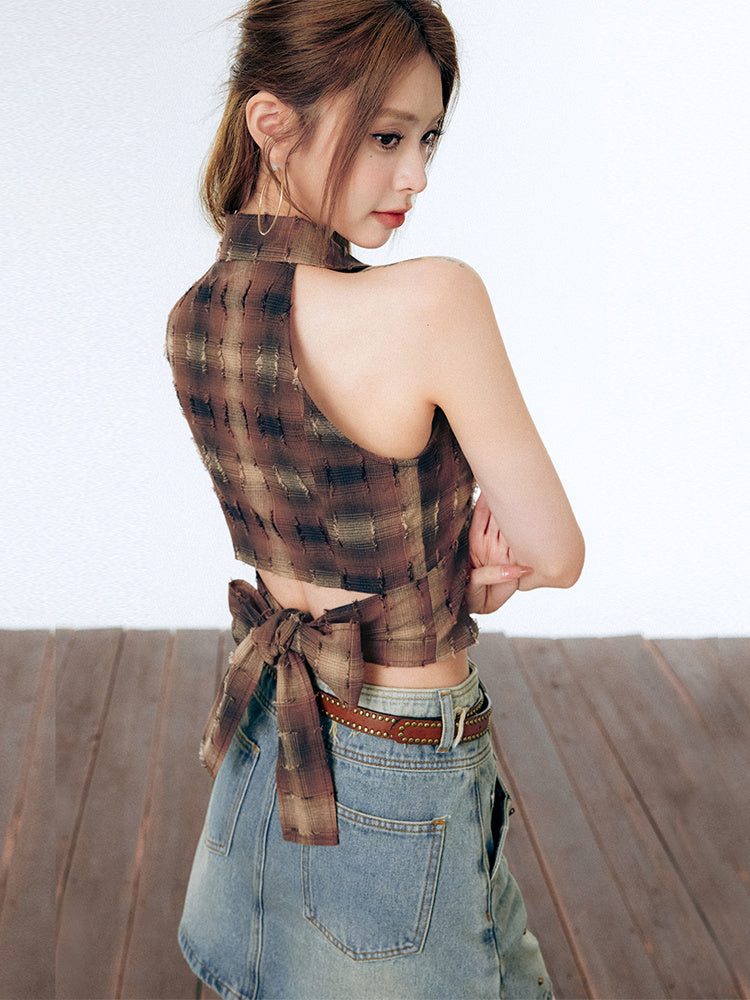 Retro Plaid Worn Vest Sleeveless