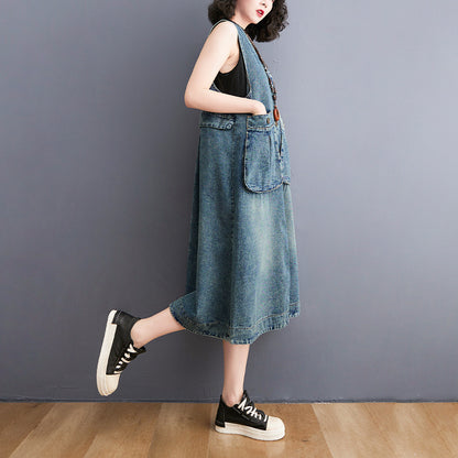 Fashion Casual Mid-length Sleeveless Denim Vest Dress