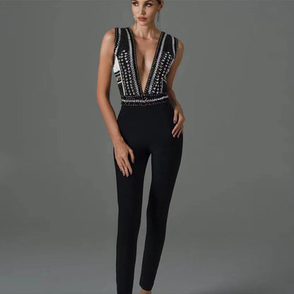 Beaded Slim-fit Slimming Sleeveless Bandage Jumpsuit For Women