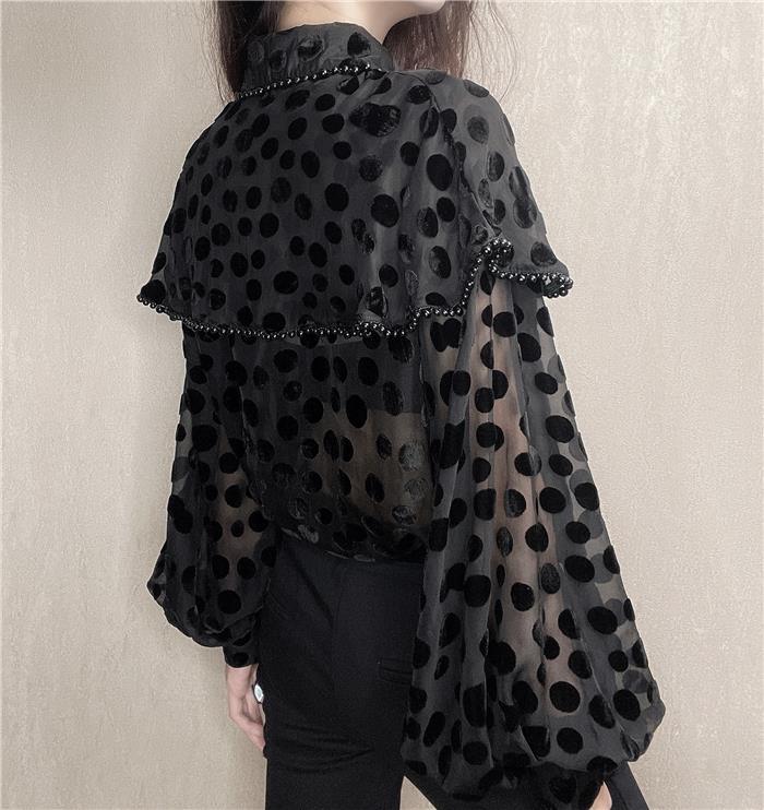 Hollow Sexy Polka Dot Velvet Shirt Women Pearl Cloak Loose Slim Top