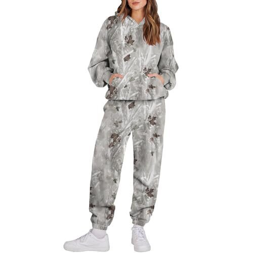 Women's 3 Camouflage Leaves Sports Hooded Long Sleeve Sweatshirt And Sweatpants Sets