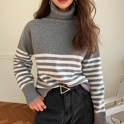 Turtleneck Striped Sweater Loose Lazy Vintage Knit