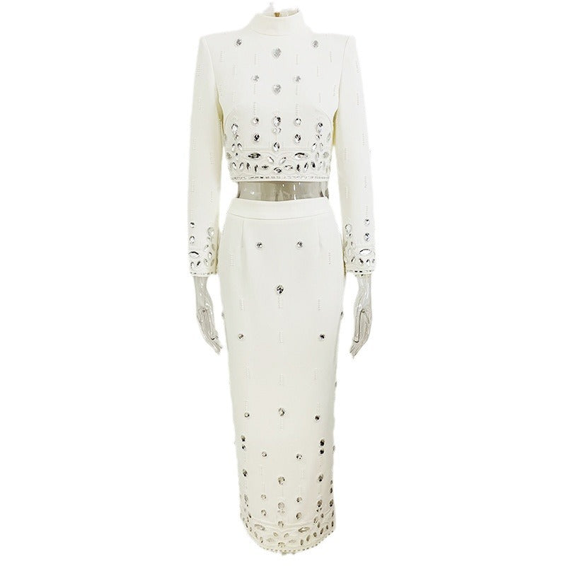 Fashion New Heavy Industry Beads Diamond Inlaid Short Top Long Skirt Suit