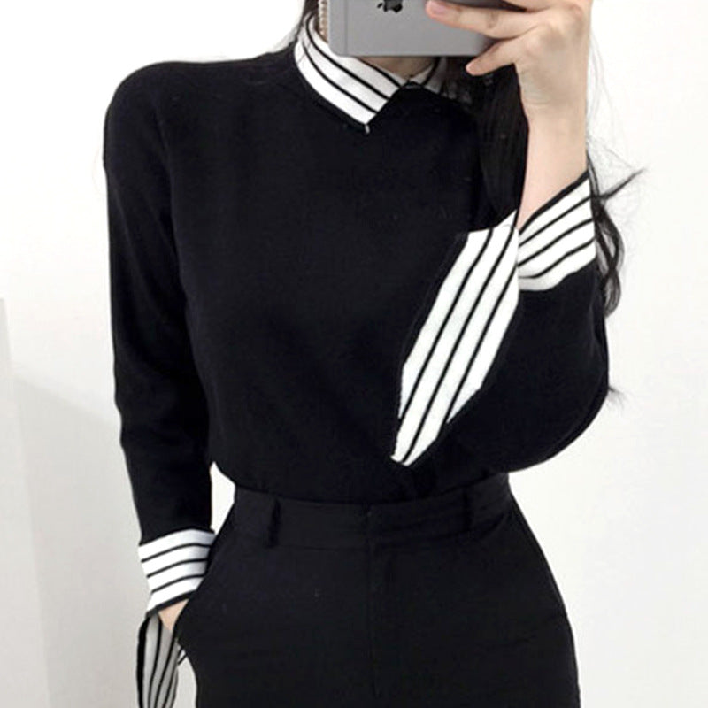 Slim-Fit Cuff Taped Striped Contrast Pullover Sweater Top