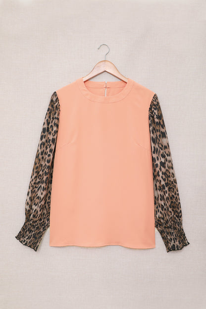 Leopard Puff Sleeve Spliced Top