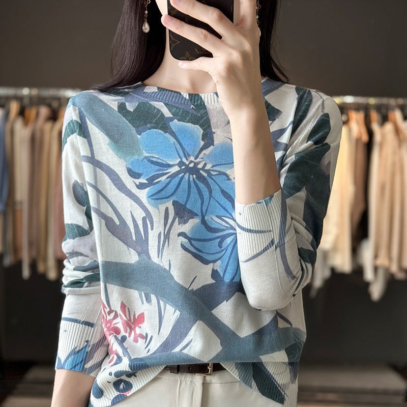 Round Neck Printed Silk Worsted Wool Sweater Pullover