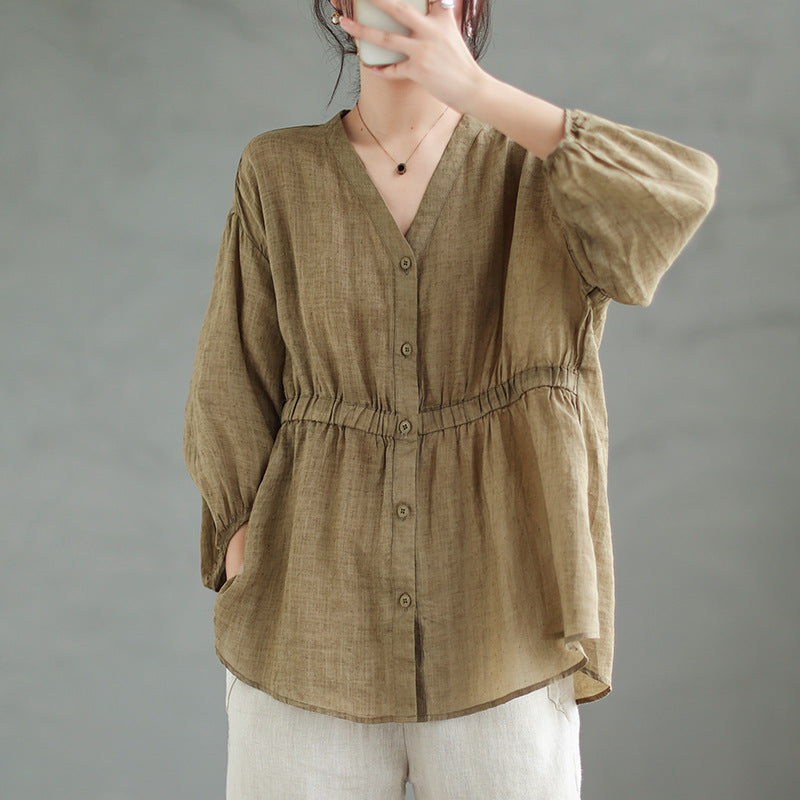 Tiansi Ramie New V-neck Shirt For Women Loose Fitting