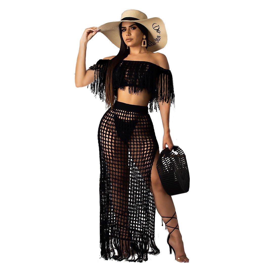 Hollow-out Handmade Tassel Off-shoulder Beach Skirt Suit