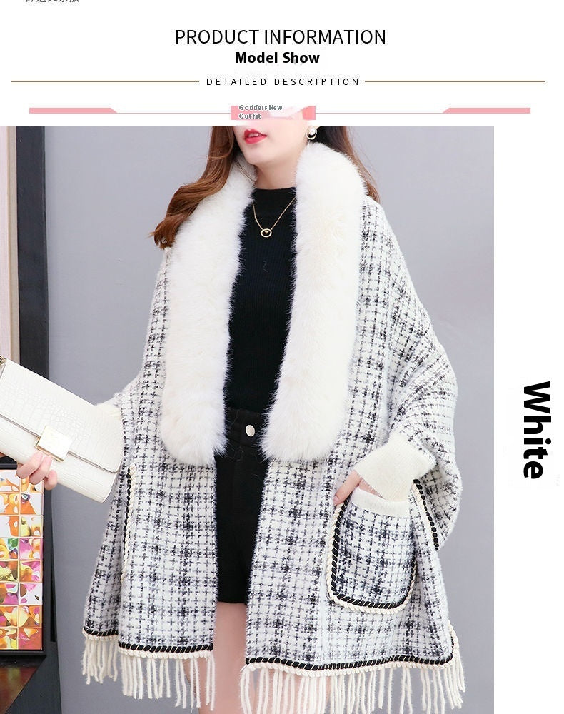 Autumn And Winter New Imitated Mink Cashmere Fur Collar Cape And Shawl Plus Size Tassel Knitted Cardigan