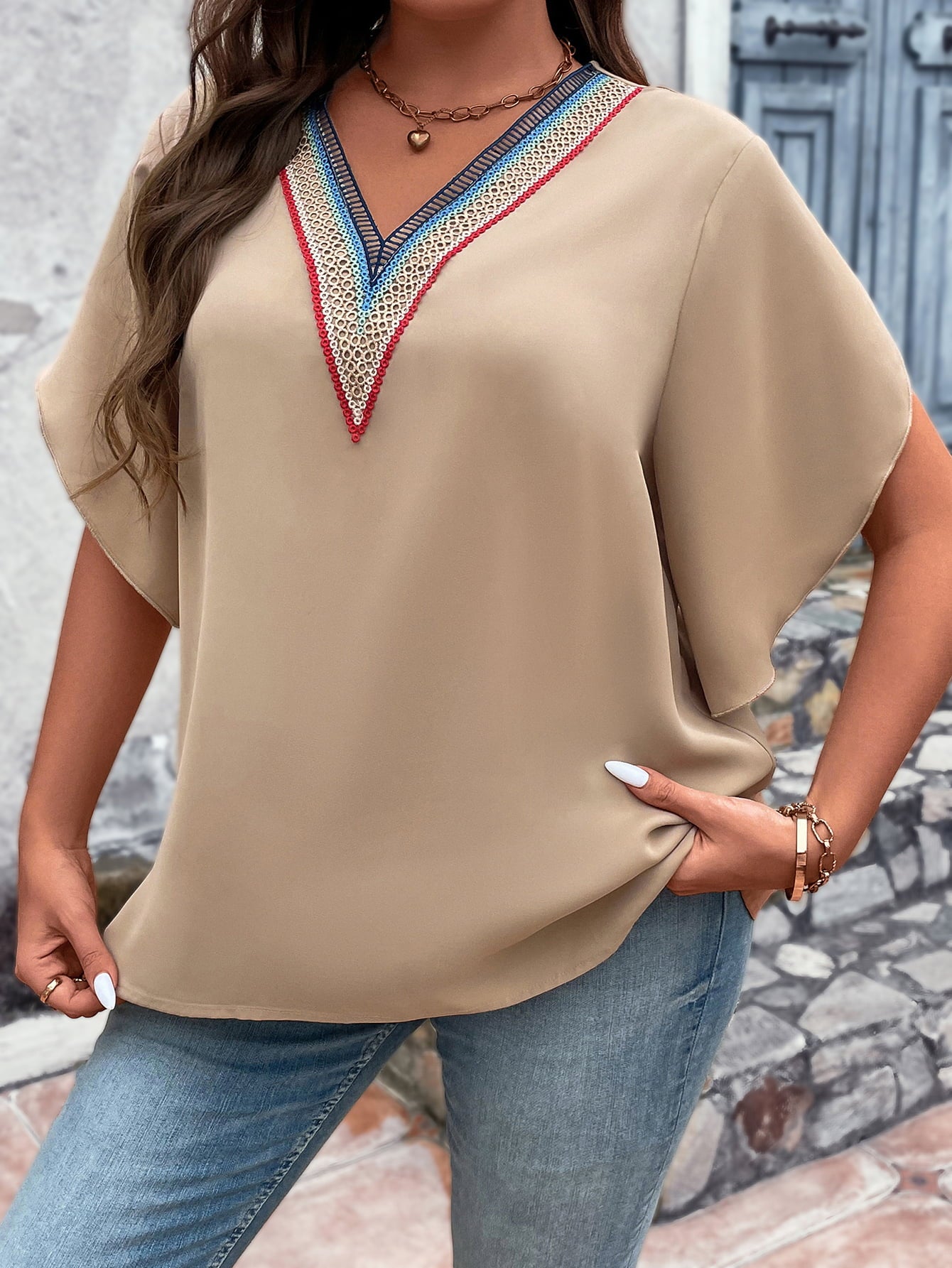 Blouse à Col en V et Manches Flottantes de Grande Taille