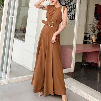 Commuter Temperament Round Neck Slit Wide Leg Jumpsuit