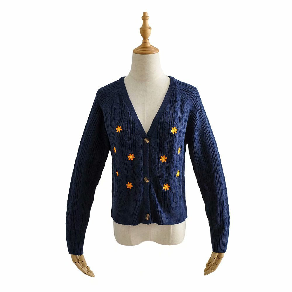 Cardigan torsadé tricoté avec broderie de fleurs pour femmes