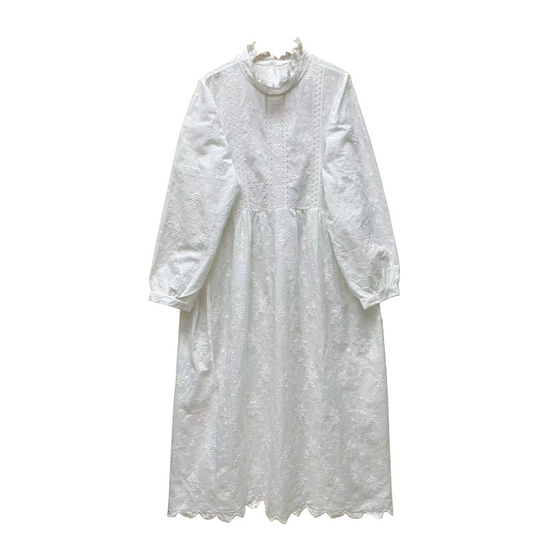 Loose Casual Embroidered Cotton Solid Color Long Sleeve Dress