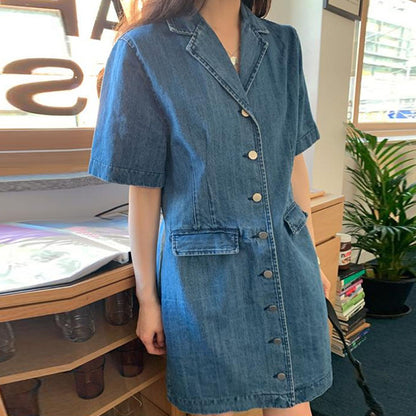 Women's Loose Double Pocket Small Short Sleeve Denim Dress