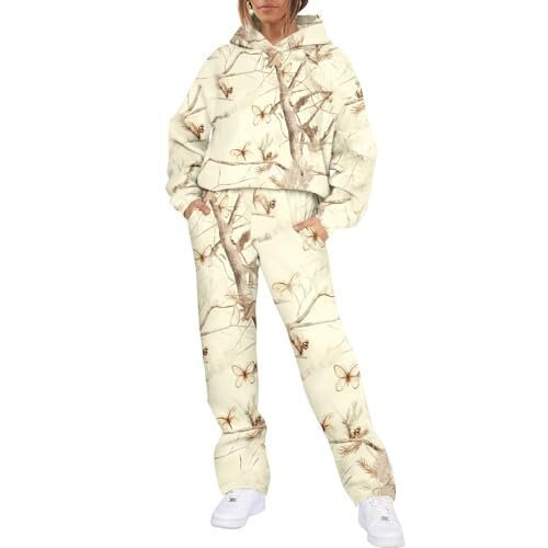 Women's 3 Camouflage Leaves Sports Hooded Long Sleeve Sweatshirt And Sweatpants Sets