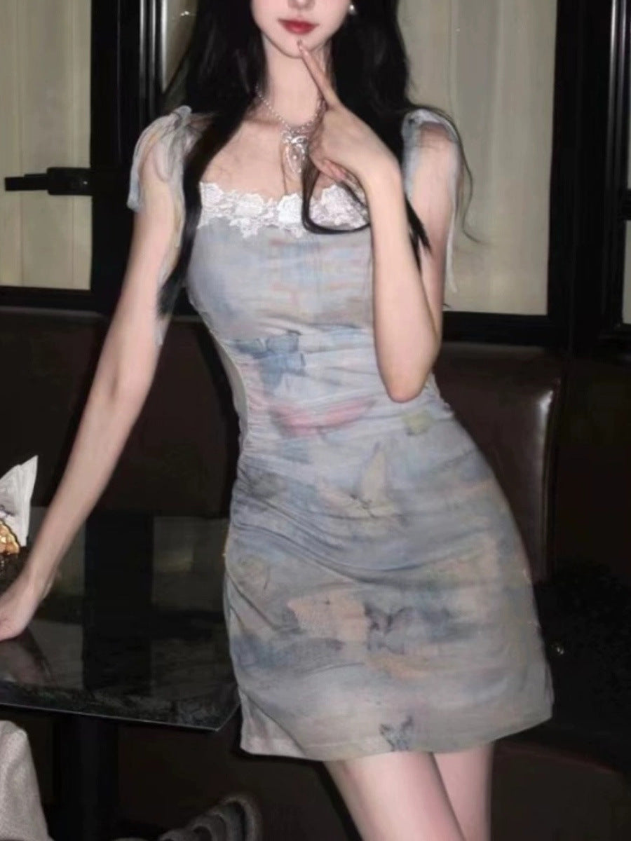 Female Oil Painting Printing Butterfly Dream Sling Dress