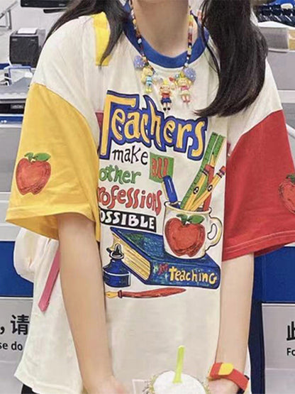 Camiseta japonesa de manga corta a juego de colores de algodón puro para mujer