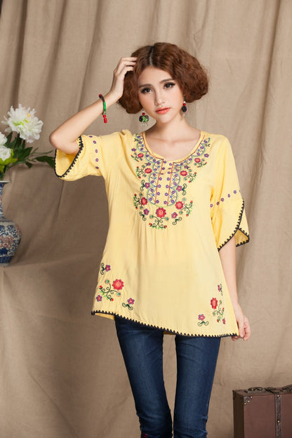 Plus Size Women's Finely Embroidered Cotton And Linen Shirt