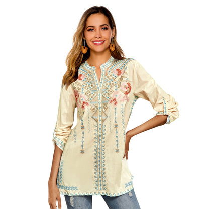 Long Sleeve Shirt Embroidered Mid-length Stand Collar