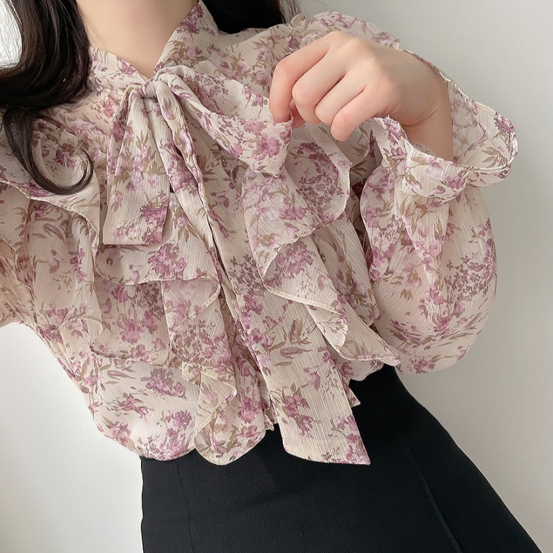 Design Sense Bow Chiffon Shirt Floral Shirt Women's Top